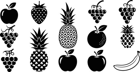 Fruit icon set illustration featuring apple, strawberry, grape, pineapple and banana shapes, healthy food collection isolated on white background, black silhouette vector design © Sarsoti