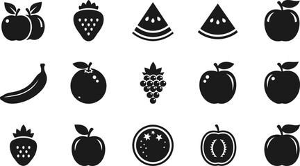 Fruit silhouette icon set vector illustration, apple banana strawberry grape watermelon designs, black healthy food symbols for branding, packaging, menu, kitchen decor