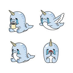 Crying narwhal cartoon character in various emotional poses with copy space © MubarakStock