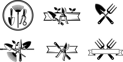 Gardening tools emblem and badge set, shovel rake pruners fork icons with ribbon banners, vintage black silhouette vector illustration isolated on white background © Sarsoti