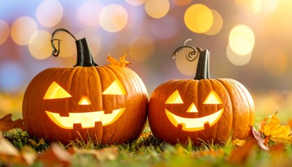 Fototapeta premium Two carved and lit pumpkins on grass with autumn leaves