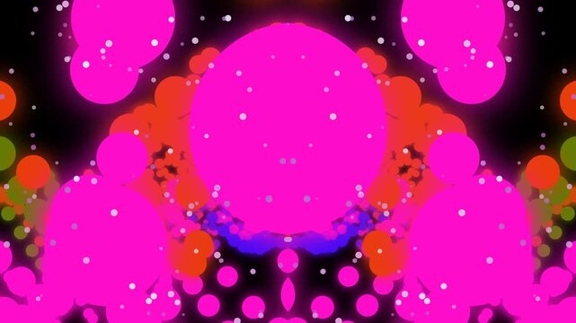 An abstract vector background features bright pink bubbles and shiny purple circles with glowing glitter stars and hearts for a celebratory holiday card design