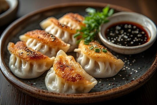 plate of korean mandu dumplings served with soy sauce