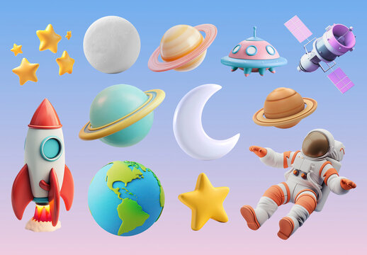 Colorful Space Themed 3D Illustrations Element Design Set