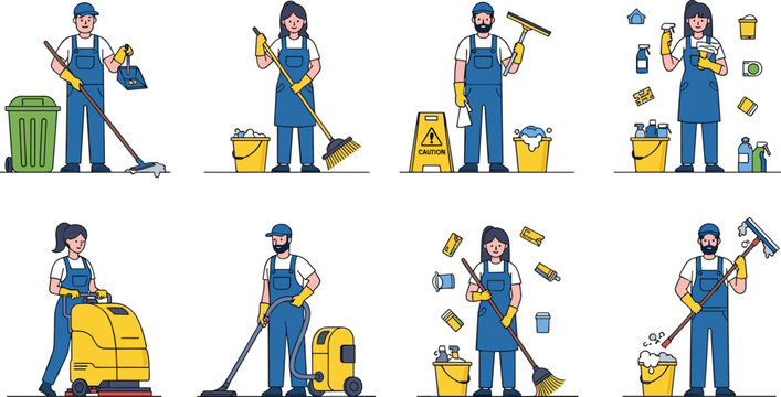 Professional Cleaning Service Character Set Featuring Male and Female Janitors with Vacuum Cleaner Floor Scrubber Mop and Supplies for Commercial Maintenance and Housekeeping