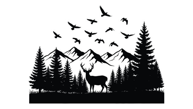 A deer and birds in a forest with mountains isolated on white background, Vector