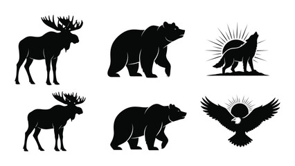 Black silhouettes of various wild animals isolated on white background, Vector © MDRian