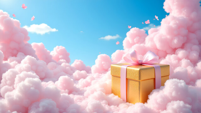 Gold gift box pink ribbon sparkly present cloudscape pastel dream sky romantic celebration joyful surprise