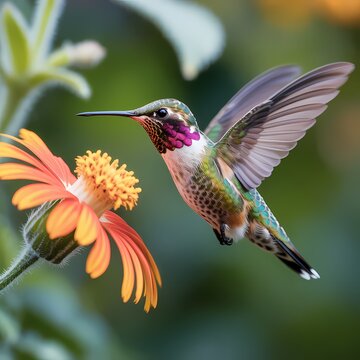 Small hummingbird drinking nectar from orange flower in garden