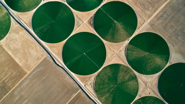 Aerial top down view of circular center pivot irrigation crop fields in semi arid farmland forming abstract green geometric pattern