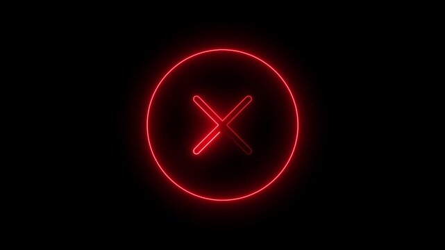 Red Glowing Neon X Icon Inside a Circle on a Solid Black Background - Representative of an Error Message, Cancellation Button, or Close Action for Web and Mobile User Interfaces