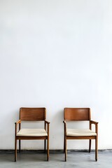 Obraz premium Two wooden chairs with cream cushions against white wall