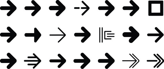 Set of black arrow icons and directional symbols including various pointers and navigators isolated on white background for graphic designs.