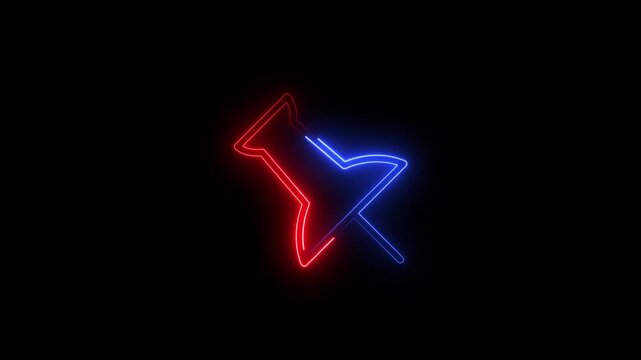 A vibrant neon outline of a thumbtack or pushpin featuring a split blue and red glow against a solid black background, perfect for location markers or mapping concepts.