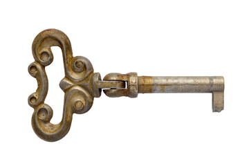 An old metal key isolated on a white background. Close-up of a folding key