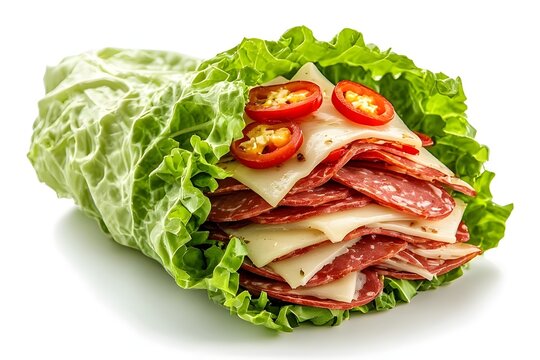 keto italian lettuce wrap with salami, provolone cheese, pepperoni and pepperoncini peppers in it