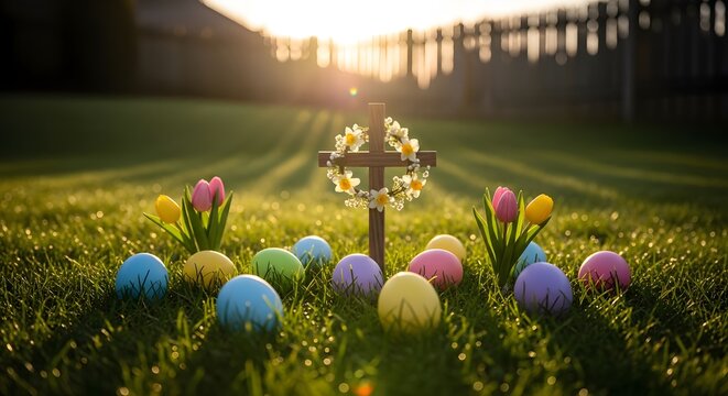 Colorful easter eggs and a wooden cross with flowers sit in a lush green field at sunset.