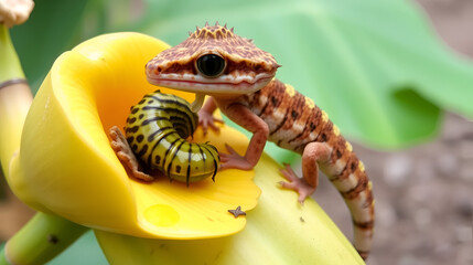 Naklejka premium A young tokay gecko is eating a caterpillar on a banana flower. This reptile has the scientific name Gekko gecko.
