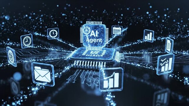 AI agent automating digital workflow with connected data, document, and email icon on a futuristic network, representing smart process management and artificial intelligence automation. 