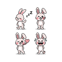 Cute cartoon rabbit set with various emotions and actions on white background