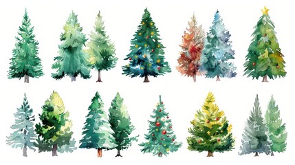 Obraz premium Watercolor illustrations of various decorated and natural pine trees in two rows with diverse colors and festive decorations.