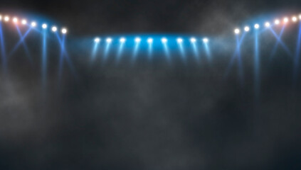Fototapeta premium Bright stadium arena lights .stadium lights and smoke against dark night. 