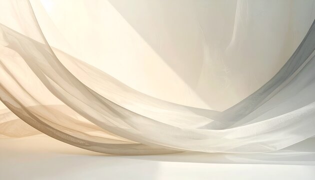 Soft, translucent fabric cascades, catching light. Neutral tones and gentle curves create an airy feel