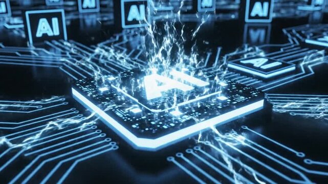 Close-up of glowing AI agent microchip on circuit board with digital neon elements. Studio conceptual image of artificial intelligence processor and advanced computing technology. AI systems and machi
