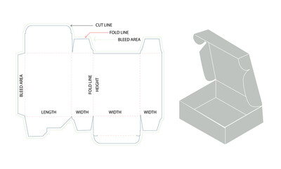 Detailed diagram of a box template with labeled dimensions and cutting instructions