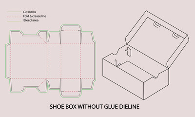 Shoe box without glue dieline template for packaging design and printing  shoebox