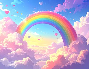 Vibrant rainbow in a sky with fluffy clouds and hearts