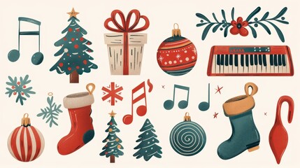 Festive Christmas-themed icons including decorated trees, stockings, music notes, gifts, ornaments, and a keyboard in a warm, hand-drawn style.