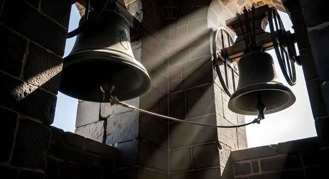 Large historic church bells hang inside a stone tower with bright sunlight streaming through openings.