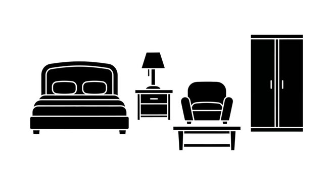 Black icons of bedroom furniture set.