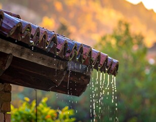 Water dripping from a roof's edge into a blurry background