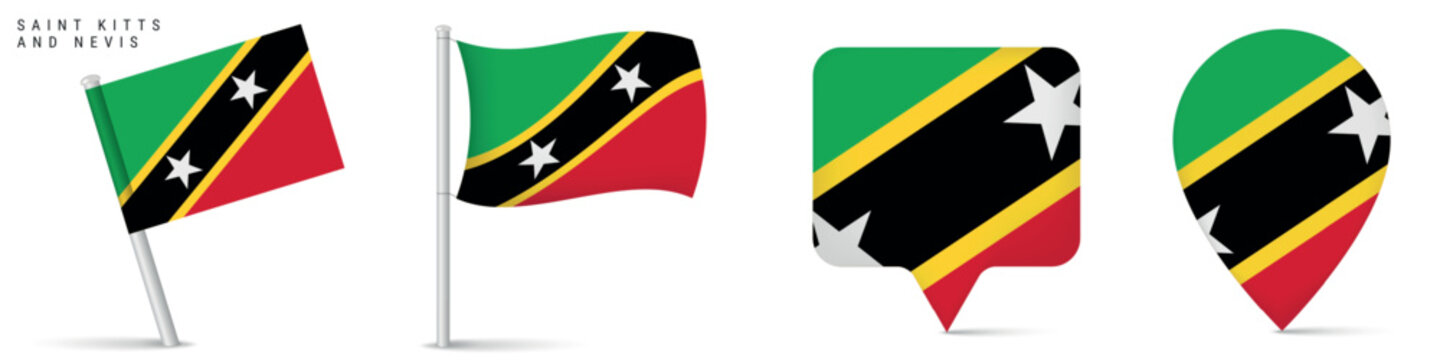 Set of Saint Kitts and Nevis flag icons including waving flag on pole, rectangular location marker and map pin shape. National symbol isolated on white background for travel and geography design.