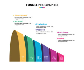 Sales funnel or purchase model diagram half infographic with 6 step, option or stage for business digital marketing presentation