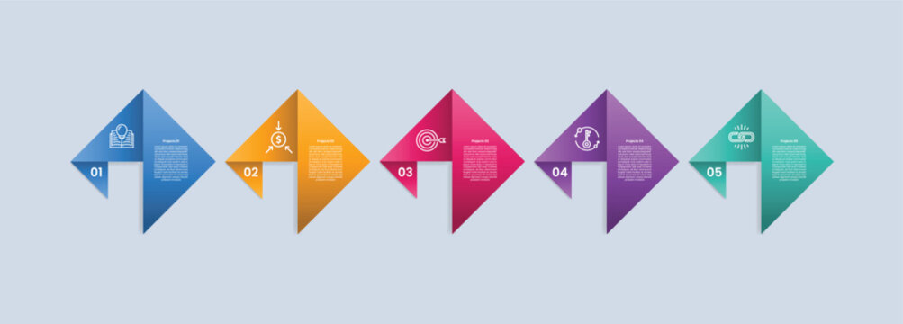 5 points infographic with glossy gradient style with creative paper art folding with triangle shape combination on horizontal direction with five segment information