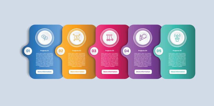 5 points infographic with glossy gradient style with vertical round rectangle box container with circle smooth badge on side with five segment information