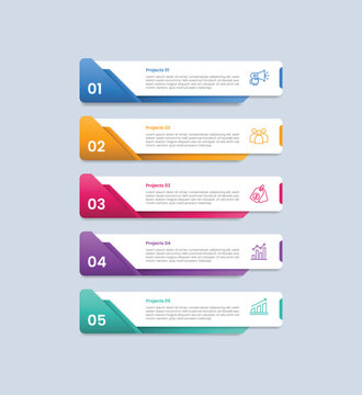 5 points infographic with glossy gradient style with round rectangle box with folder folding badge on left side with five segment information
