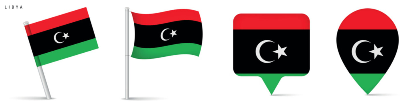 Libya national flag icons including waving flag and location pin markers. North African country symbol isolated on white background for geography and travel design.