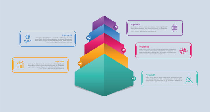 5 points infographic with glossy gradient style with creative pyramid box 3d style with outline rectangle box with five segment information