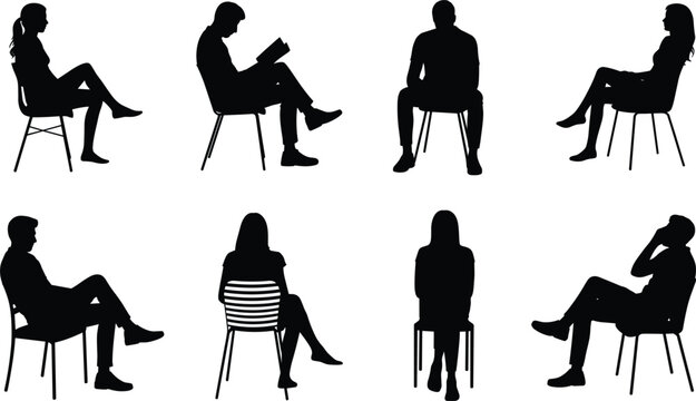Silhouettes of people sitting on chairs in various poses on a white background Keywords: silhouette, people, sitting, chairs