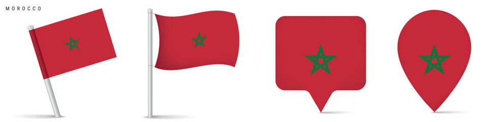 Morocco national flag icons featuring waving flag on pole and location marker symbols. North African country emblem isolated on white background for geography and travel design.