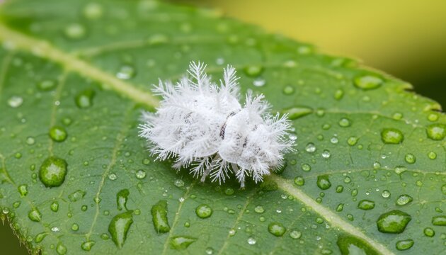 Macro close-up of a mealybug pest resting on a vibrant green leaf covered in fresh water droplets for an organic pest control concept