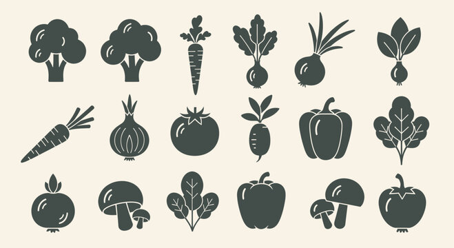 Collection of various fresh vegetables and mushrooms in silhouette style.