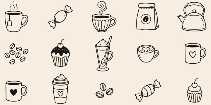 Hand drawn coffee and dessert icon set vector illustration with cupcake candy coffee cup beans milkshake and sweet snacks outline doodle collection minimal line art symbols isolated background