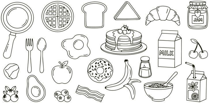 Hand drawn breakfast food icon set vector illustration with frying pan pizza bread egg milk bacon fruit cereal and kitchen utensils outline doodle collection minimal line art symbols isolated backgrou