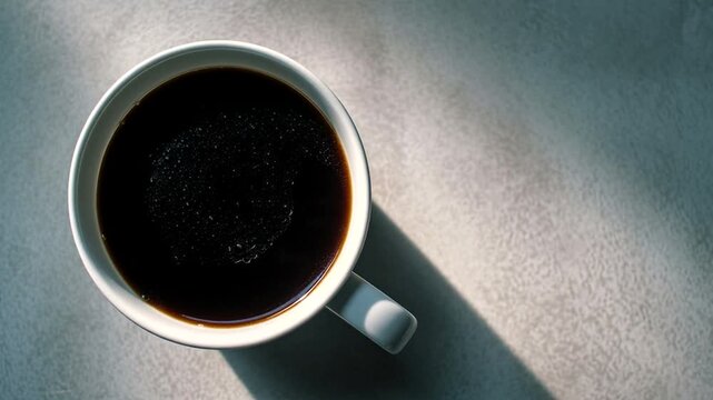 Top-down view of rich, black coffee in a clean white mug, bathed in natural light, creating a serene and minimalist scene ideal for an early start or a reflective pause