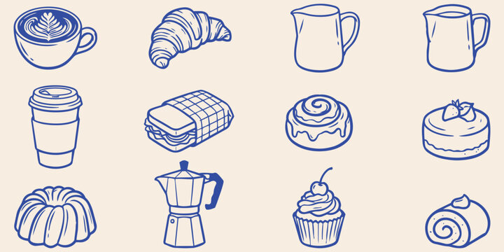 Minimal bakery and coffee line icon set vector illustration croissant bread cupcake cake coffee mug and moka pot outline doodle collection simple food symbols isolated background